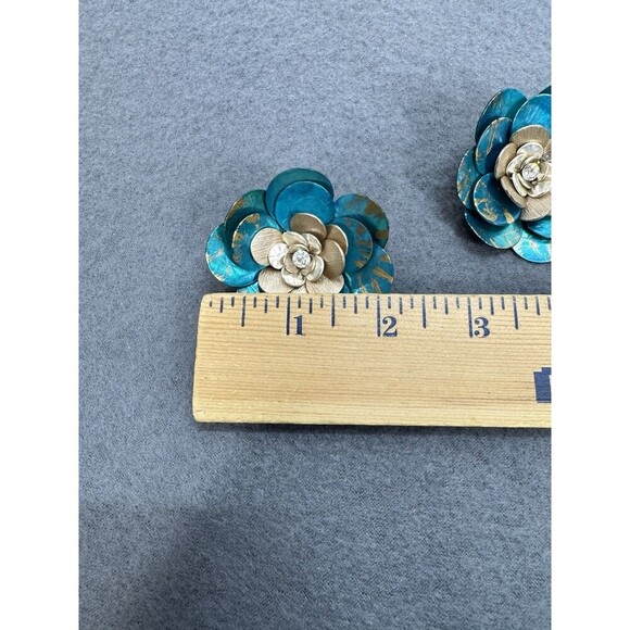 Chicos Dionne Flower Pin Brooch Lot Of 2 Teal Blue Gold Rhinestone Statement - Picture 7 of 7